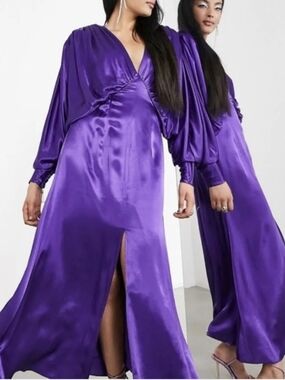 ASOS EDITION Satin V-Neck Purple MIDI Dress with Batwing Sleeves